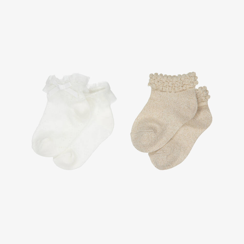 Mayoral-Baby Girls Gold & Ivory Cotton Socks (2 Pack) | Childrensalon