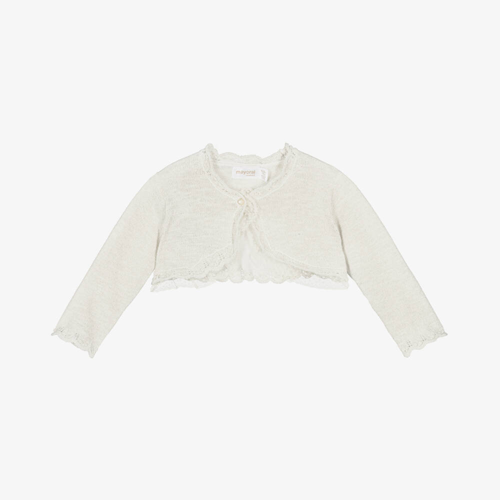 Mayoral Для новорожденных-Baby Girls Gold Knitted Bolero Cardigan with Lace Trim | Childrensalon