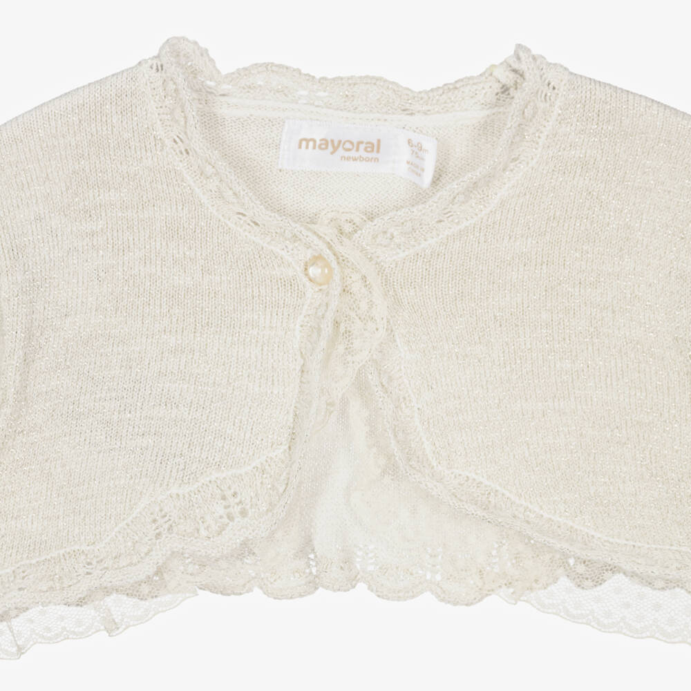 Mayoral Для новорожденных-Baby Girls Gold Knitted Bolero Cardigan with Lace Trim | Childrensalon