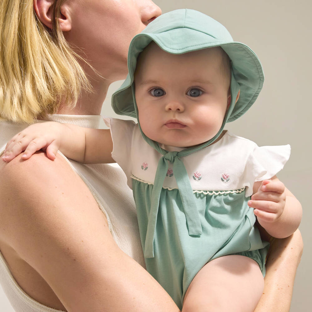 Mayoral Newborn-Baby Girls Green Cotton Shortie & Hat Set | Childrensalon