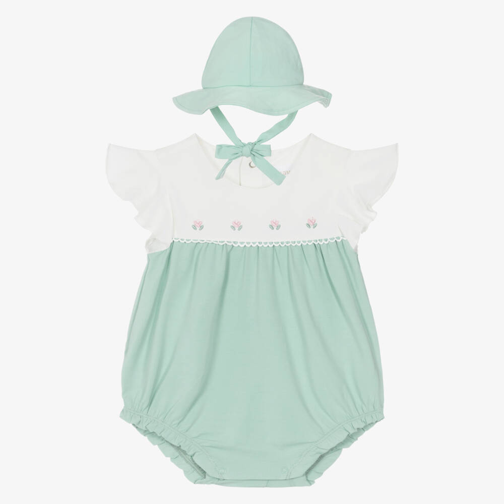 Mayoral Newborn-Baby Girls Green Cotton Shortie & Hat Set | Childrensalon