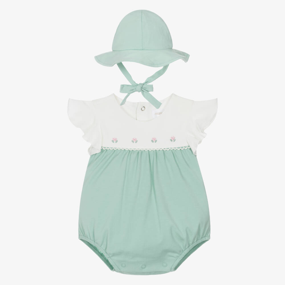 Mayoral Newborn-Baby Girls Green Cotton Shortie & Hat Set | Childrensalon