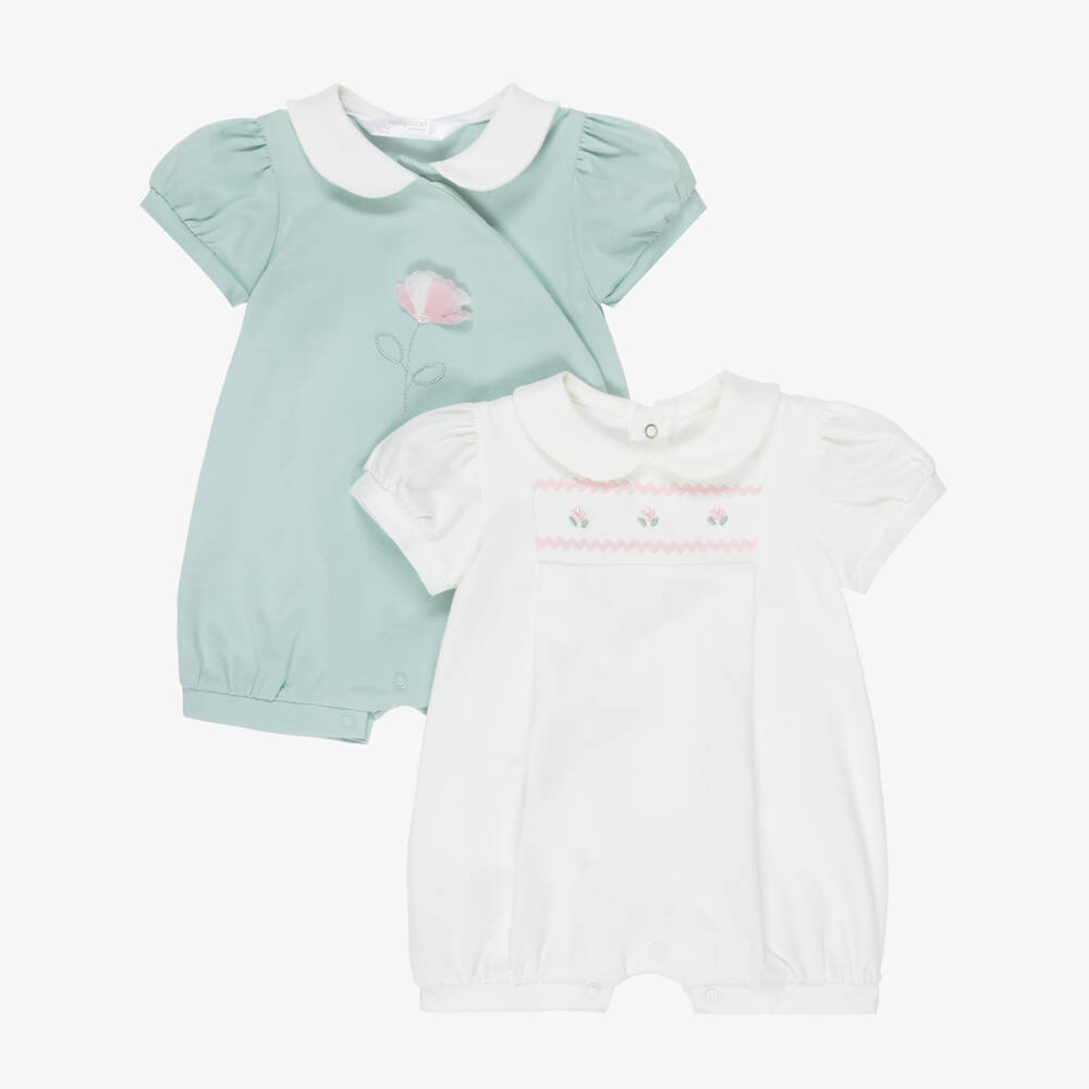 Mayoral Для новорожденных-Baby Girls Green & Ivory Cotton Flower Shorties (2 Pack) | Childrensalon