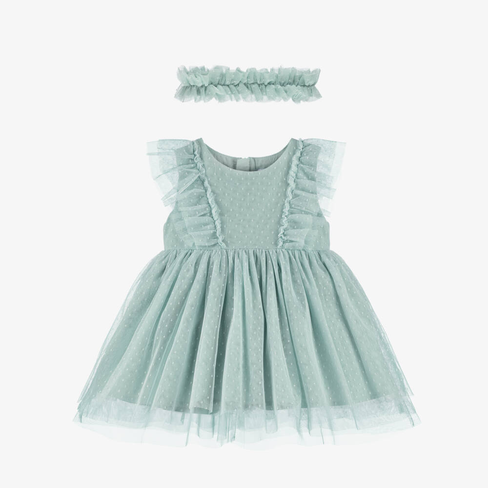 Mayoral-Baby Girls Green Spotted Tulle Dress Set with Ruffles | Childrensalon