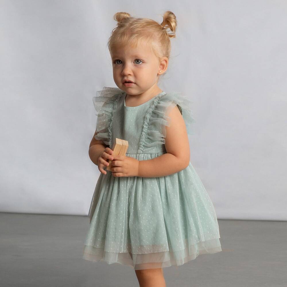 Mayoral-Baby Girls Green Spotted Tulle Dress Set with Ruffles | Childrensalon