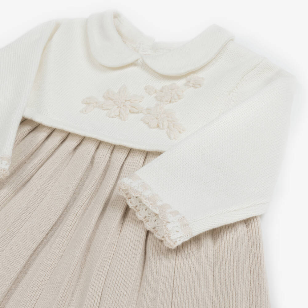Mayoral Newborn-Baby Girls Ivory & Beige Cotton Knit Dress | Childrensalon