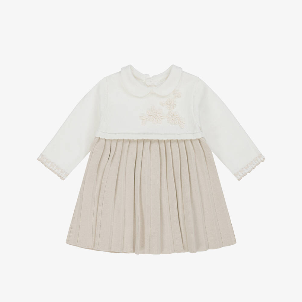 Mayoral Newborn-Baby Girls Ivory & Beige Cotton Knit Dress | Childrensalon