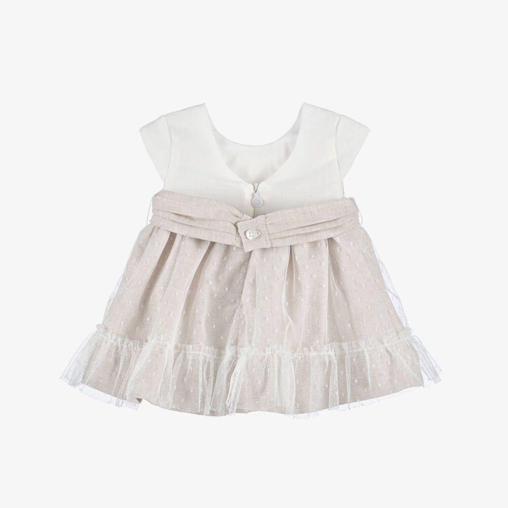 Mayoral Newborn-Baby Girls Ivory & Beige Dress with Tulle Trim | Childrensalon