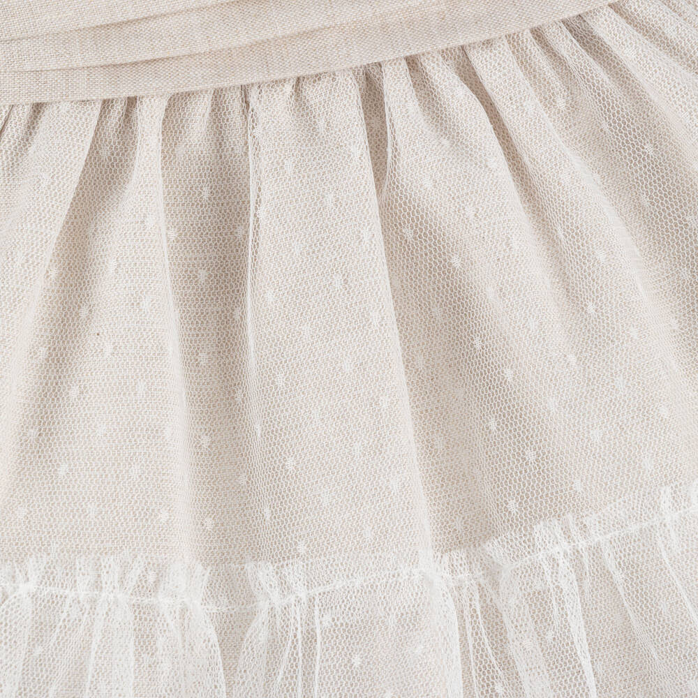 Mayoral Newborn-Baby Girls Ivory & Beige Dress with Tulle Trim | Childrensalon