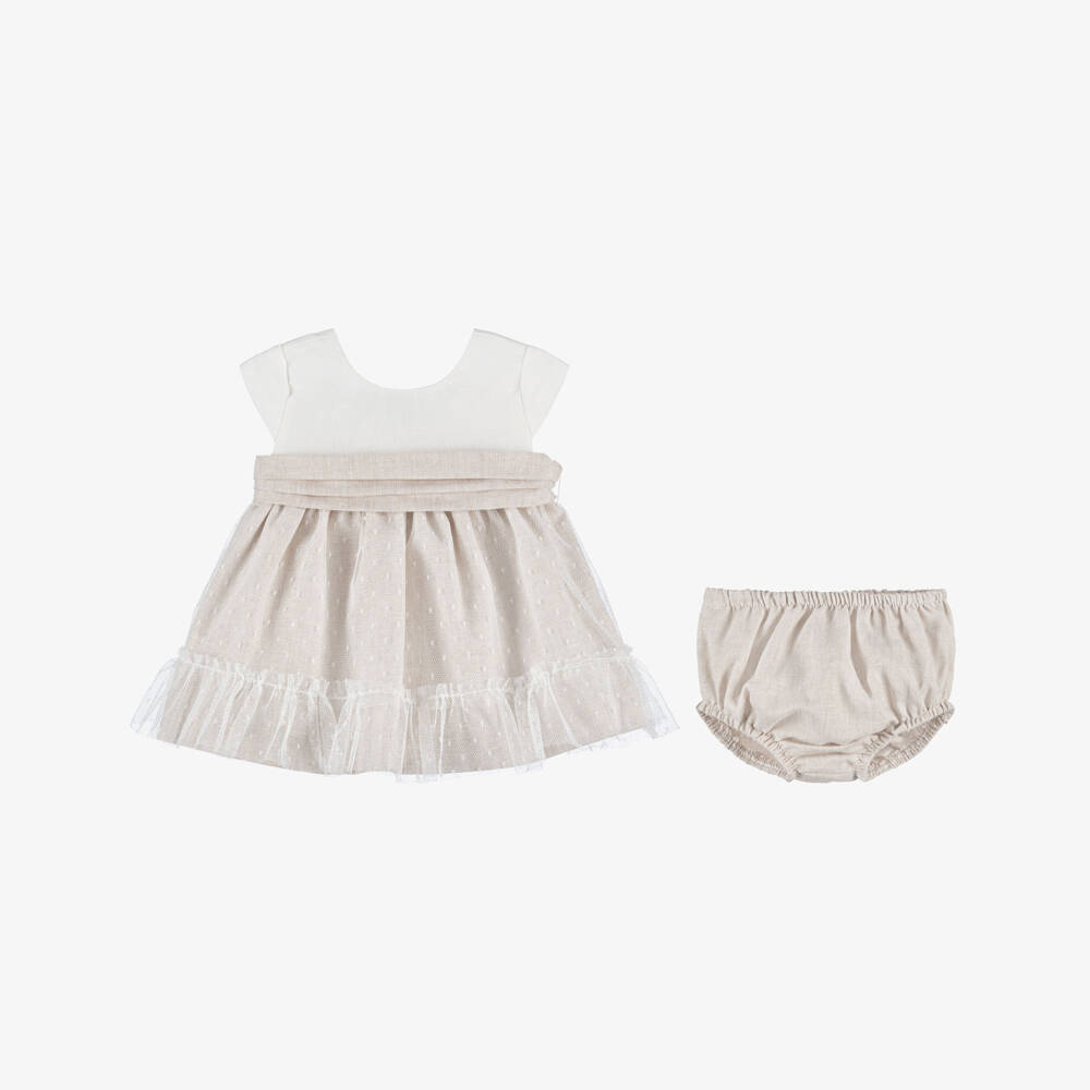 Mayoral Newborn-Baby Girls Ivory & Beige Dress with Tulle Trim | Childrensalon