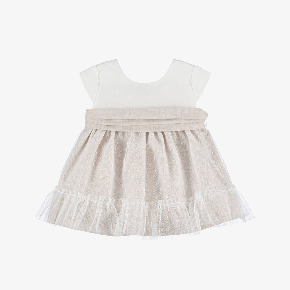 Mayoral Newborn-Baby Girls Ivory & Beige Dress with Tulle Trim | Childrensalon