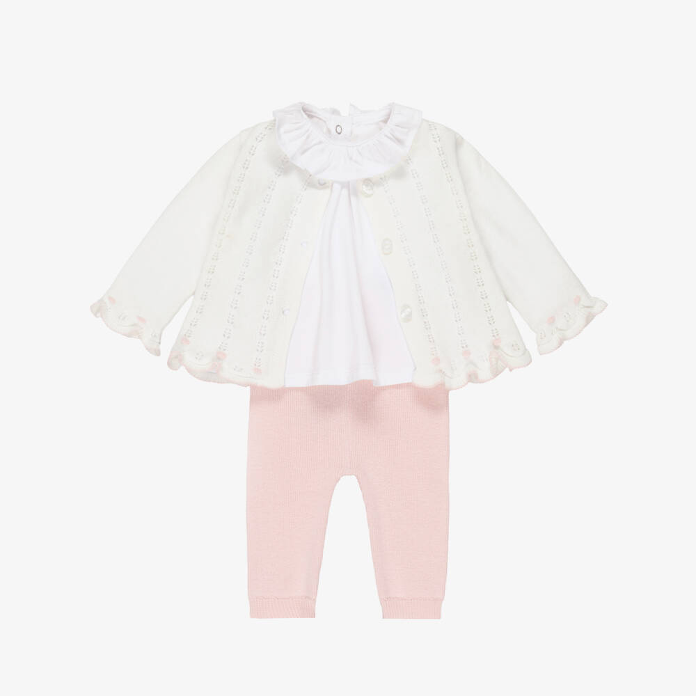 Mayoral Newborn-Baby Girls Ivory Cardigan & Pink Knitted Trouser Set | Childrensalon