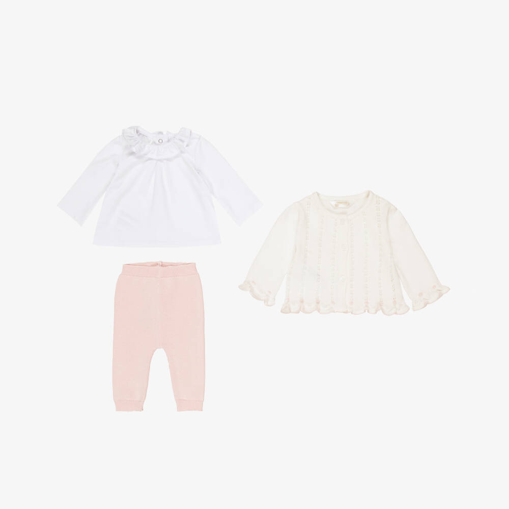 Mayoral Newborn-Baby Girls Ivory Cardigan & Pink Knitted Trouser Set | Childrensalon