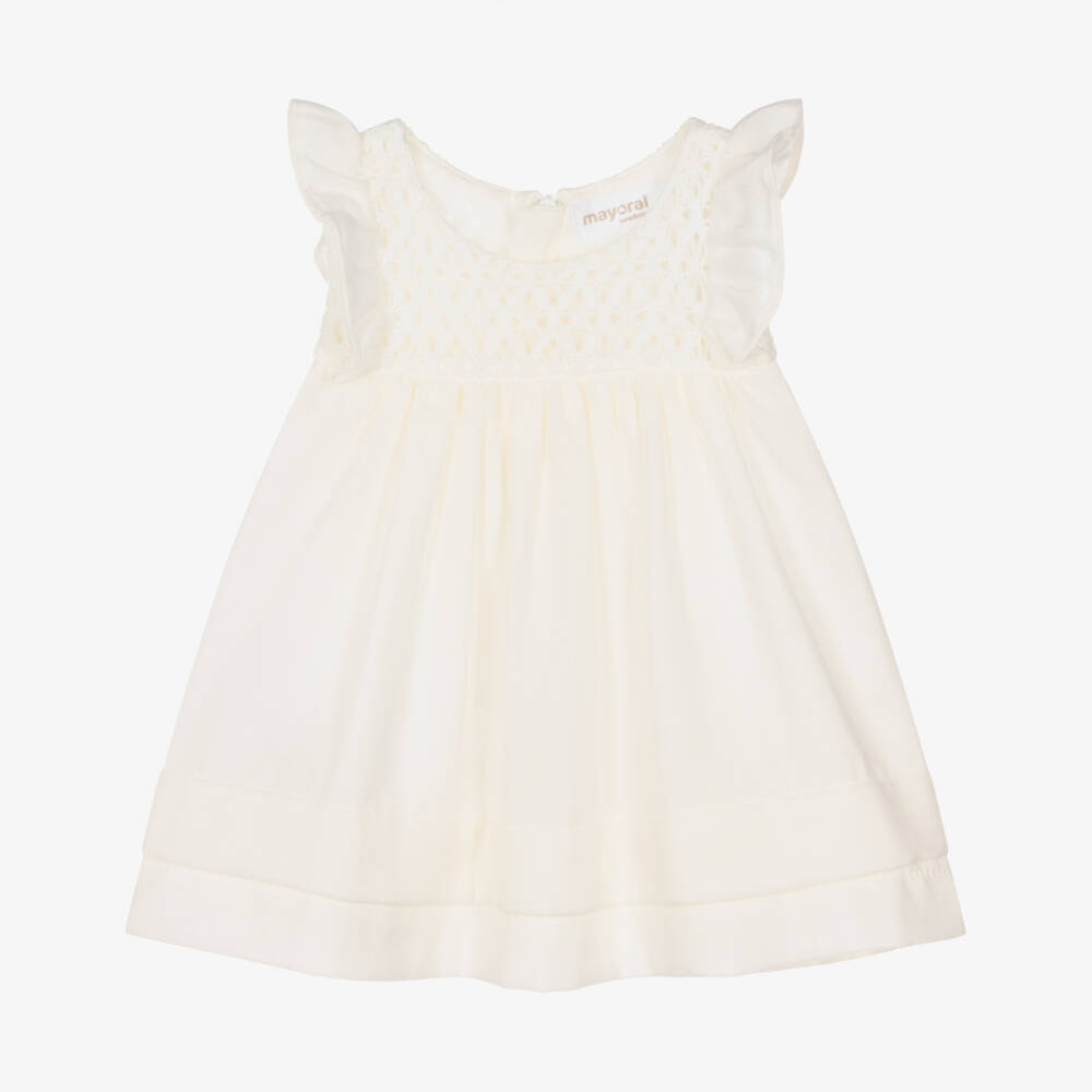 Mayoral Newborn-Baby Girls Ivory Cotton Dress with Crochet Trim & Ruffles | Childrensalon