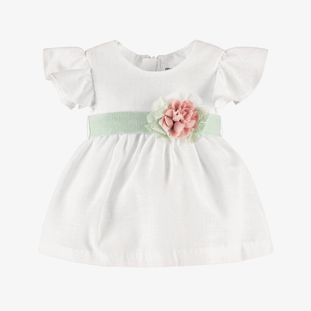 Mayoral Newborn-Baby Girls Ivory Dress with Green Floral Waistband | Childrensalon