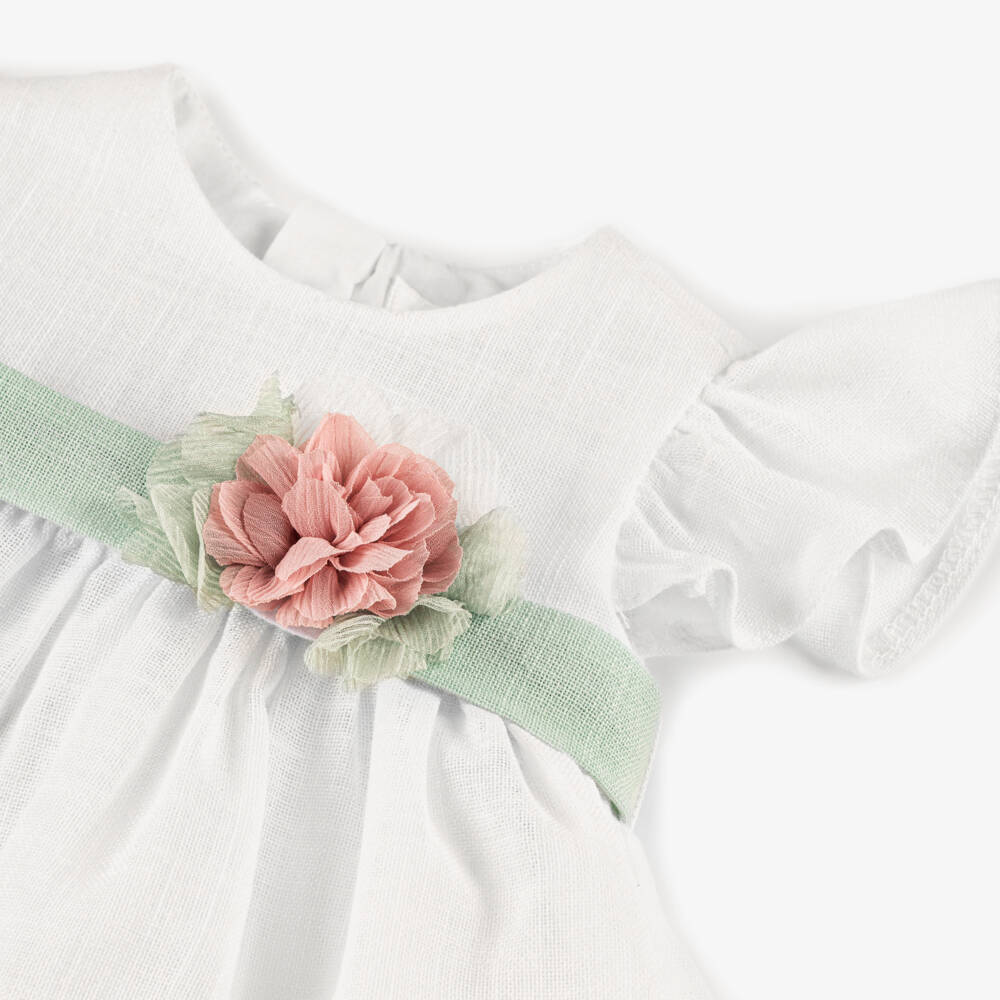 Mayoral Newborn-Baby Girls Ivory Dress with Green Floral Waistband | Childrensalon