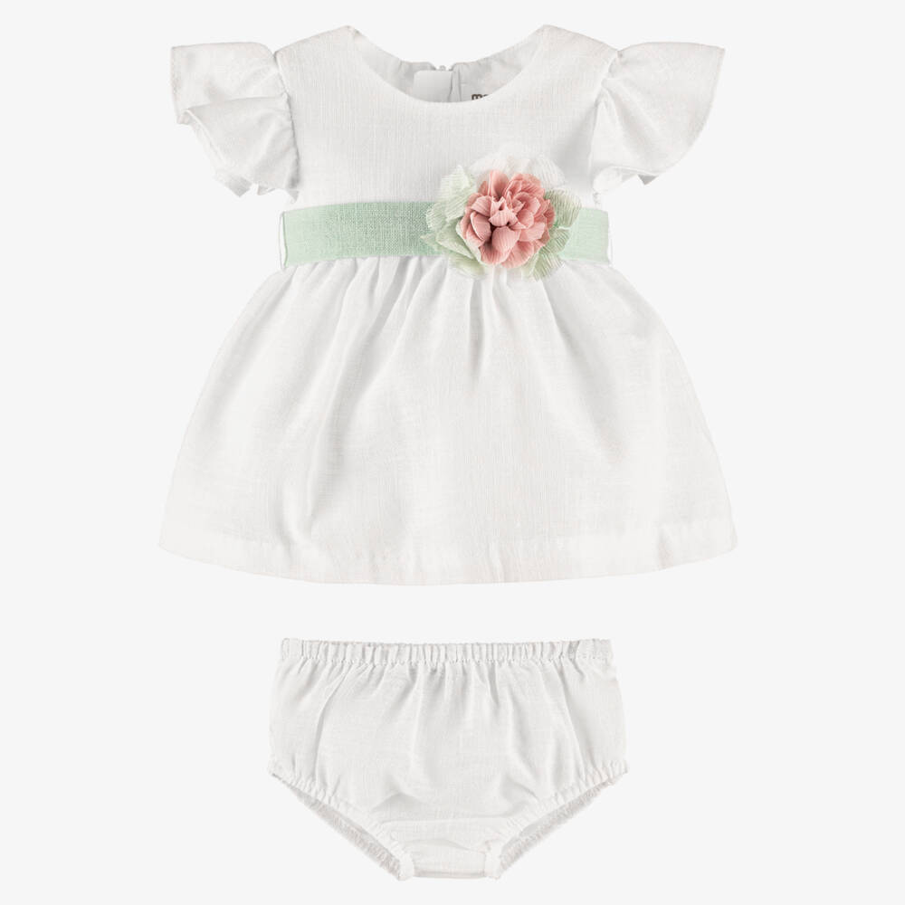 Mayoral Newborn-Baby Girls Ivory Dress with Green Floral Waistband | Childrensalon