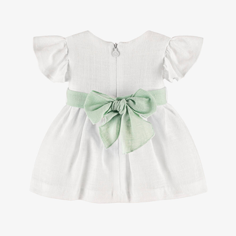 Mayoral Newborn-Baby Girls Ivory Dress with Green Floral Waistband | Childrensalon