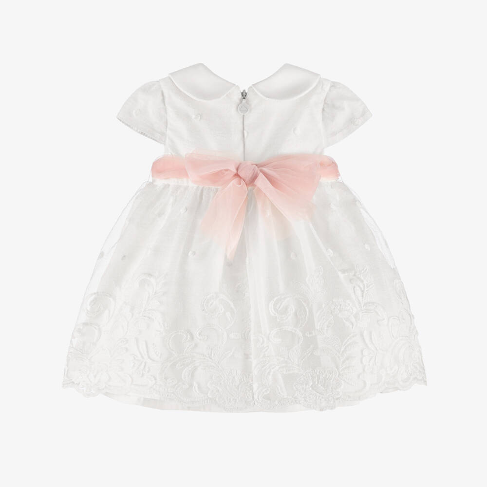 Mayoral Newborn-Baby Girls Ivory Embroidered Organza Dress with Pink Sash | Childrensalon