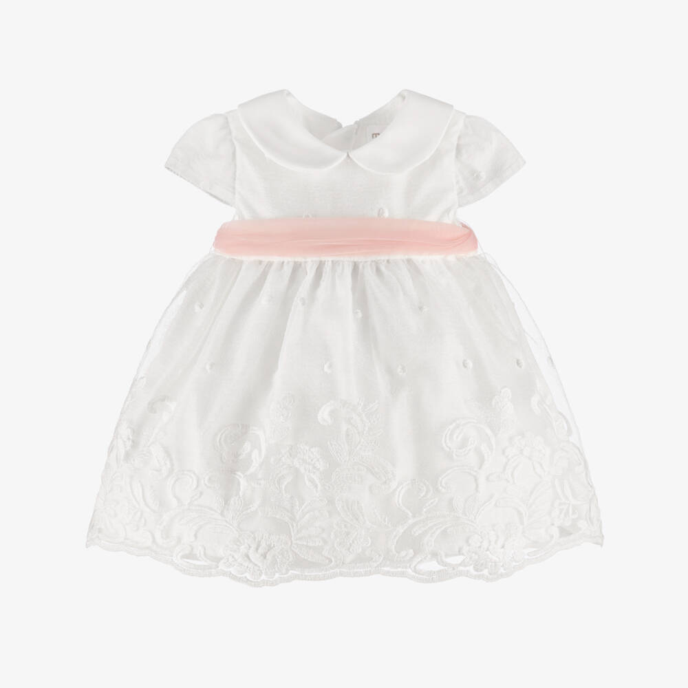Mayoral Newborn-Baby Girls Ivory Embroidered Organza Dress with Pink Sash | Childrensalon
