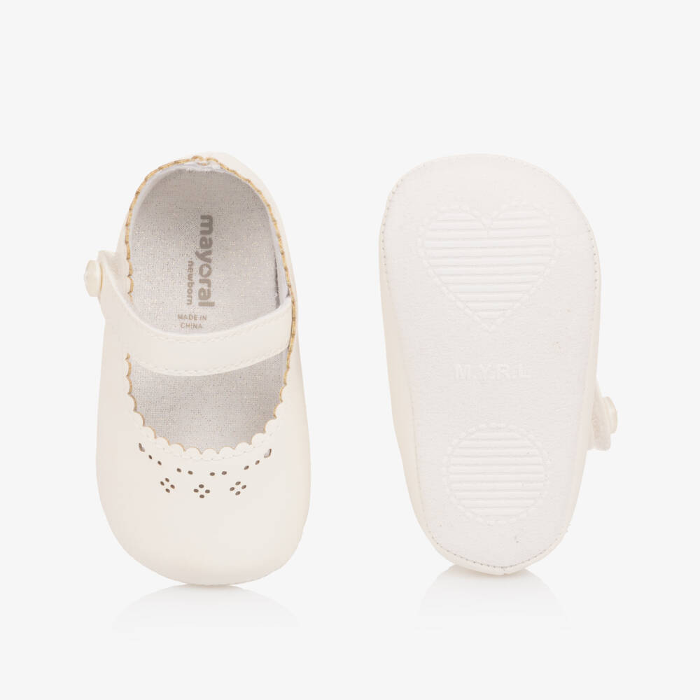 Mayoral Newborn-Baby Girls Ivory Faux Leather Pre-Walker Shoes with Cutwork | Childrensalon