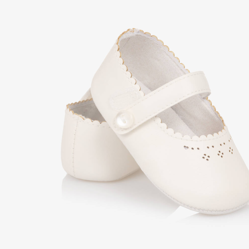 Mayoral Newborn-Baby Girls Ivory Faux Leather Pre-Walker Shoes with Cutwork | Childrensalon