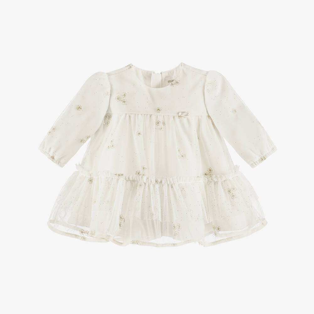 Mayoral Newborn-Baby Girls Ivory & Gold Glitter Tulle Dress | Childrensalon