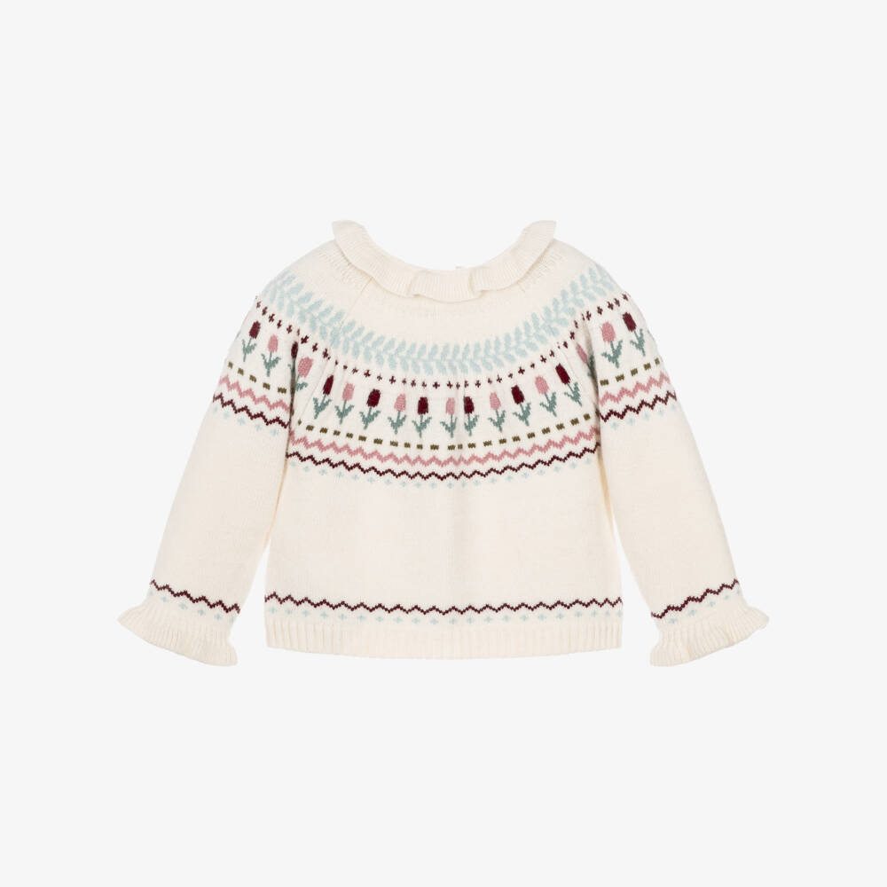 Mayoral Newborn-Baby Girls Ivory Knit Floral Fair Isle Sweater | Childrensalon