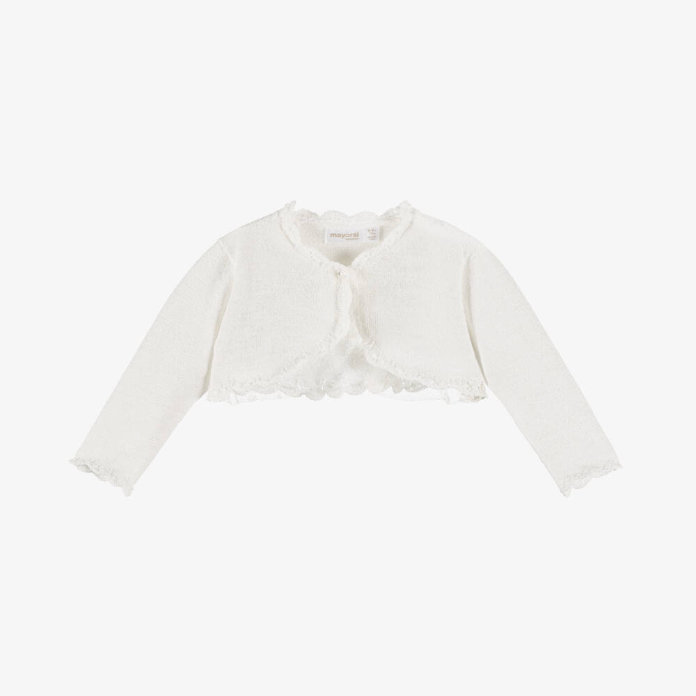 Mayoral Для новорожденных-Baby Girls Ivory Knitted Bolero Cardigan with Lace Trim | Childrensalon
