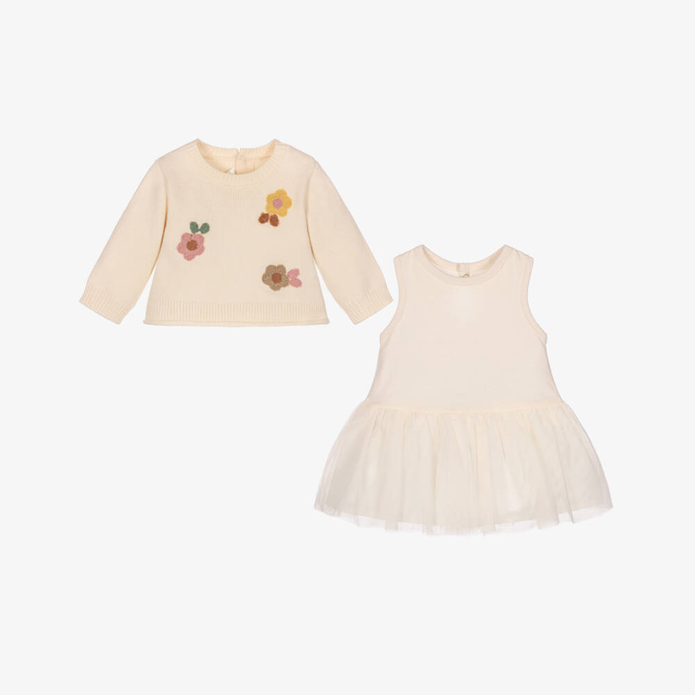 Mayoral Newborn-Baby Girls Ivory Knitted Floral Sweater & Dress Set | Childrensalon