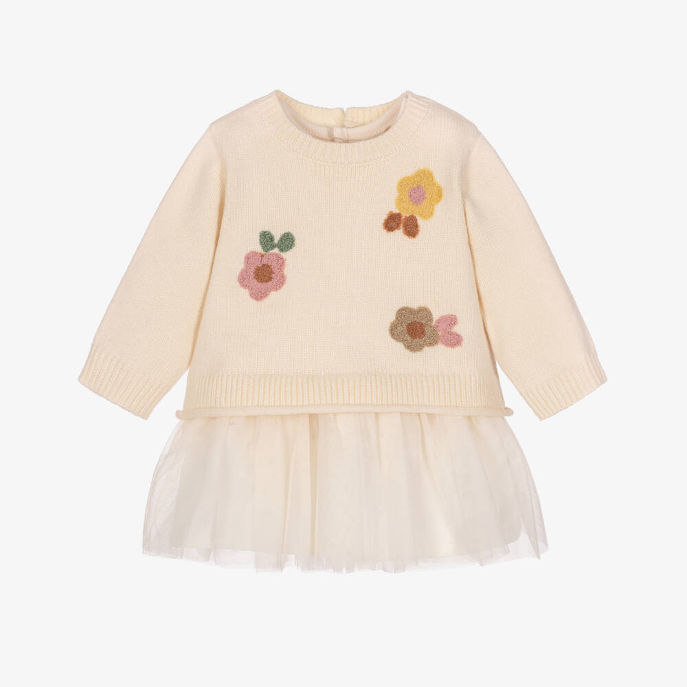 Mayoral Newborn-Baby Girls Ivory Knitted Floral Sweater & Dress Set | Childrensalon