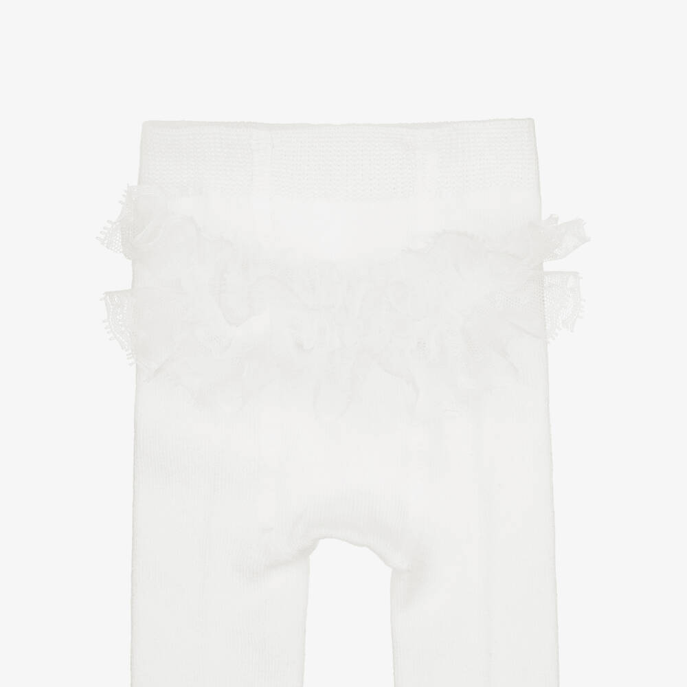 Mayoral Newborn-Baby Girls Ivory Knitted Tights with Lace Ruffles | Childrensalon