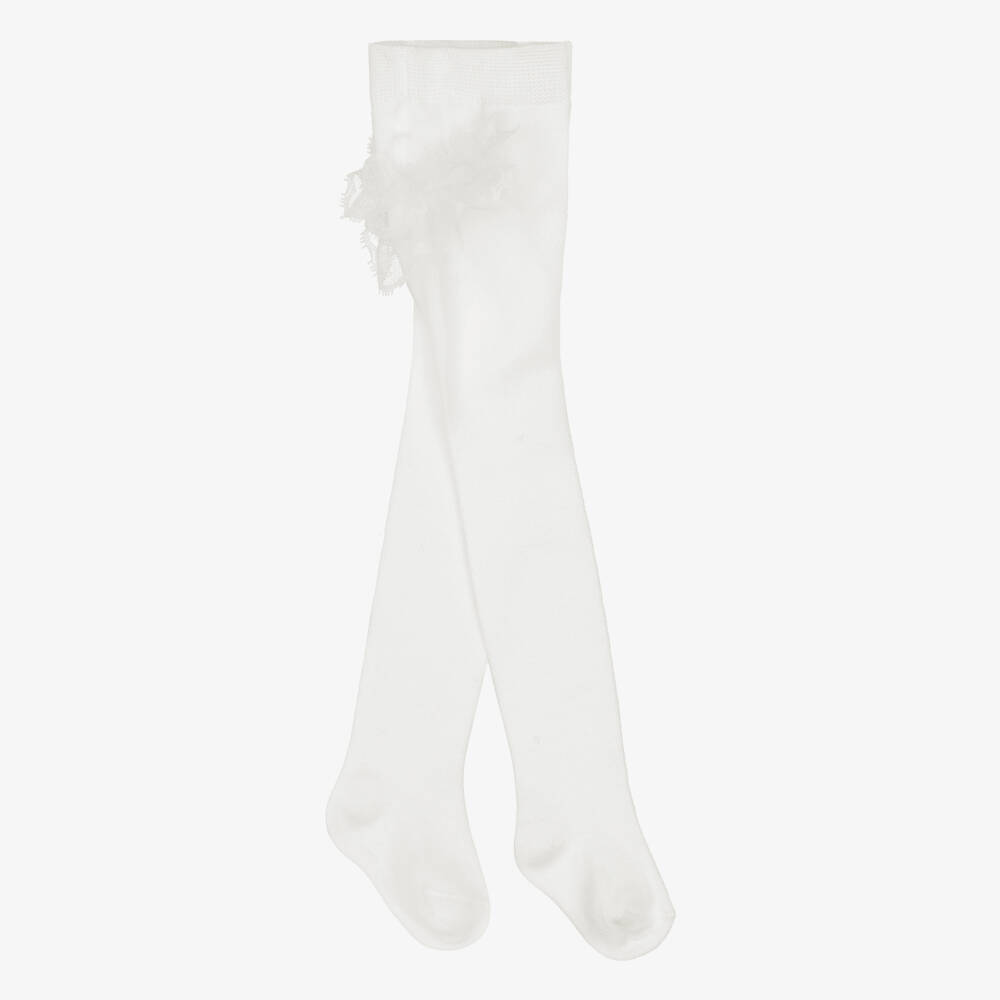 Mayoral Newborn-Baby Girls Ivory Knitted Tights with Lace Ruffles | Childrensalon