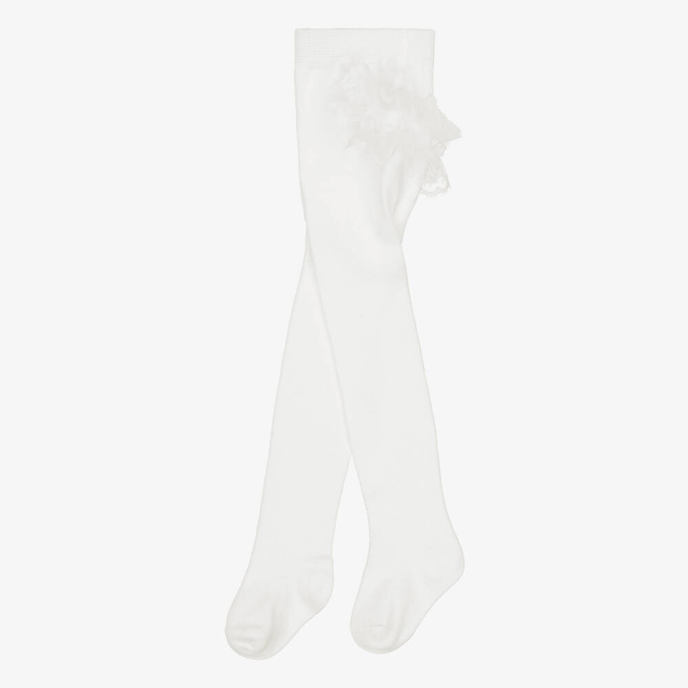 Mayoral Newborn-Baby Girls Ivory Knitted Tights with Lace Ruffles | Childrensalon