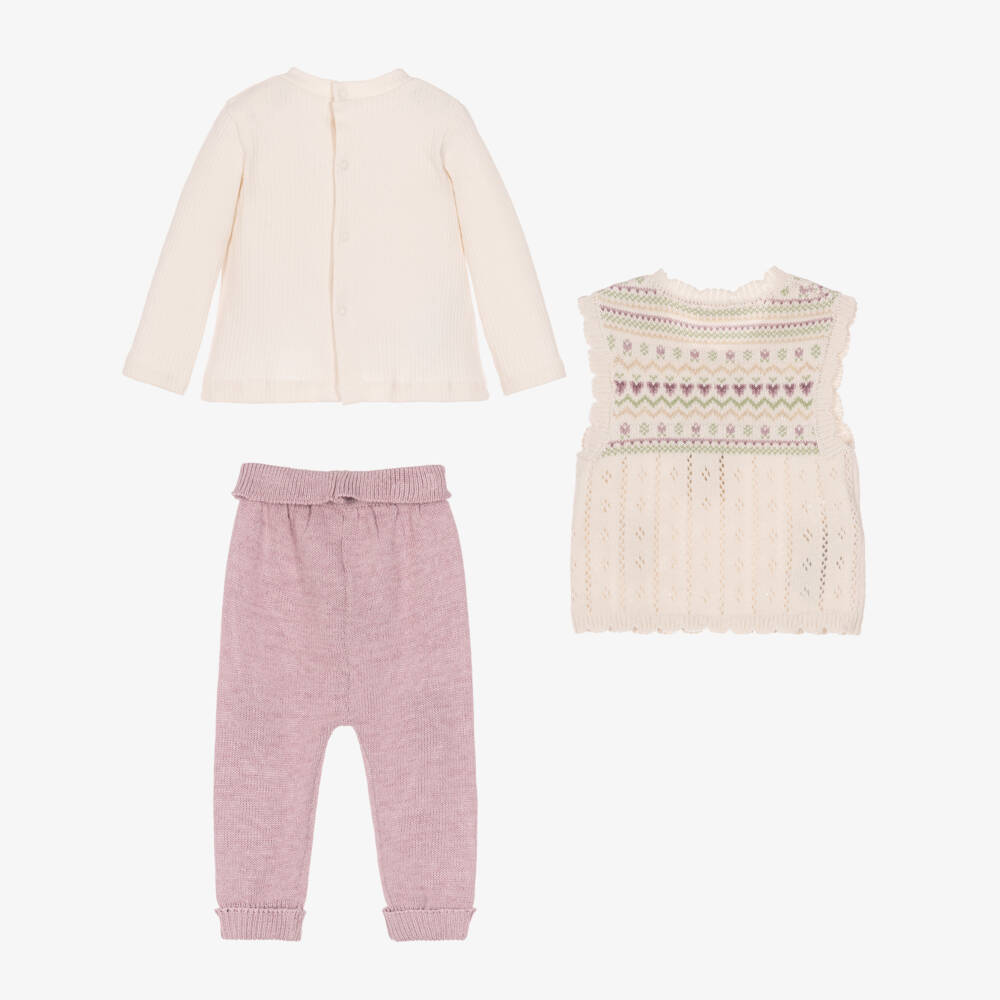 Mayoral Newborn-Baby Girls Ivory & Lilac Trouser Set in Cotton Knit | Childrensalon