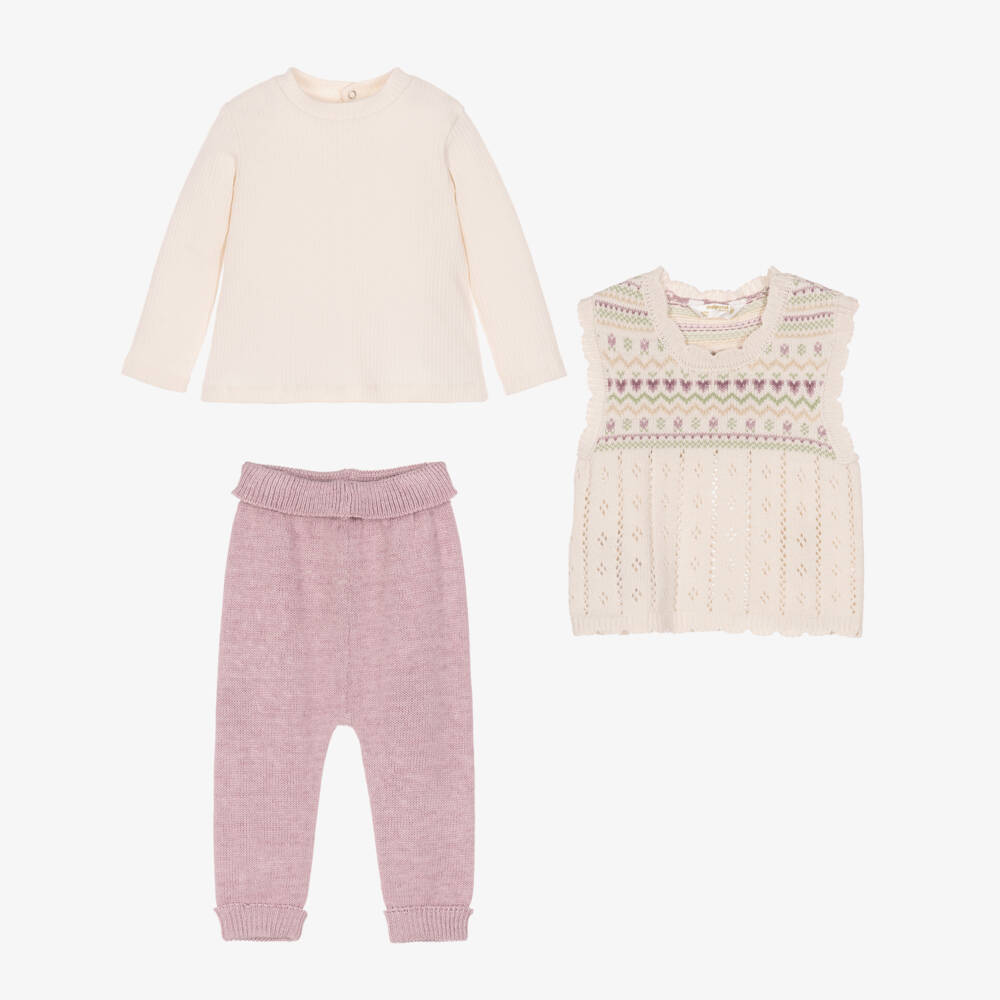 Mayoral Newborn-Baby Girls Ivory & Lilac Trouser Set in Cotton Knit | Childrensalon