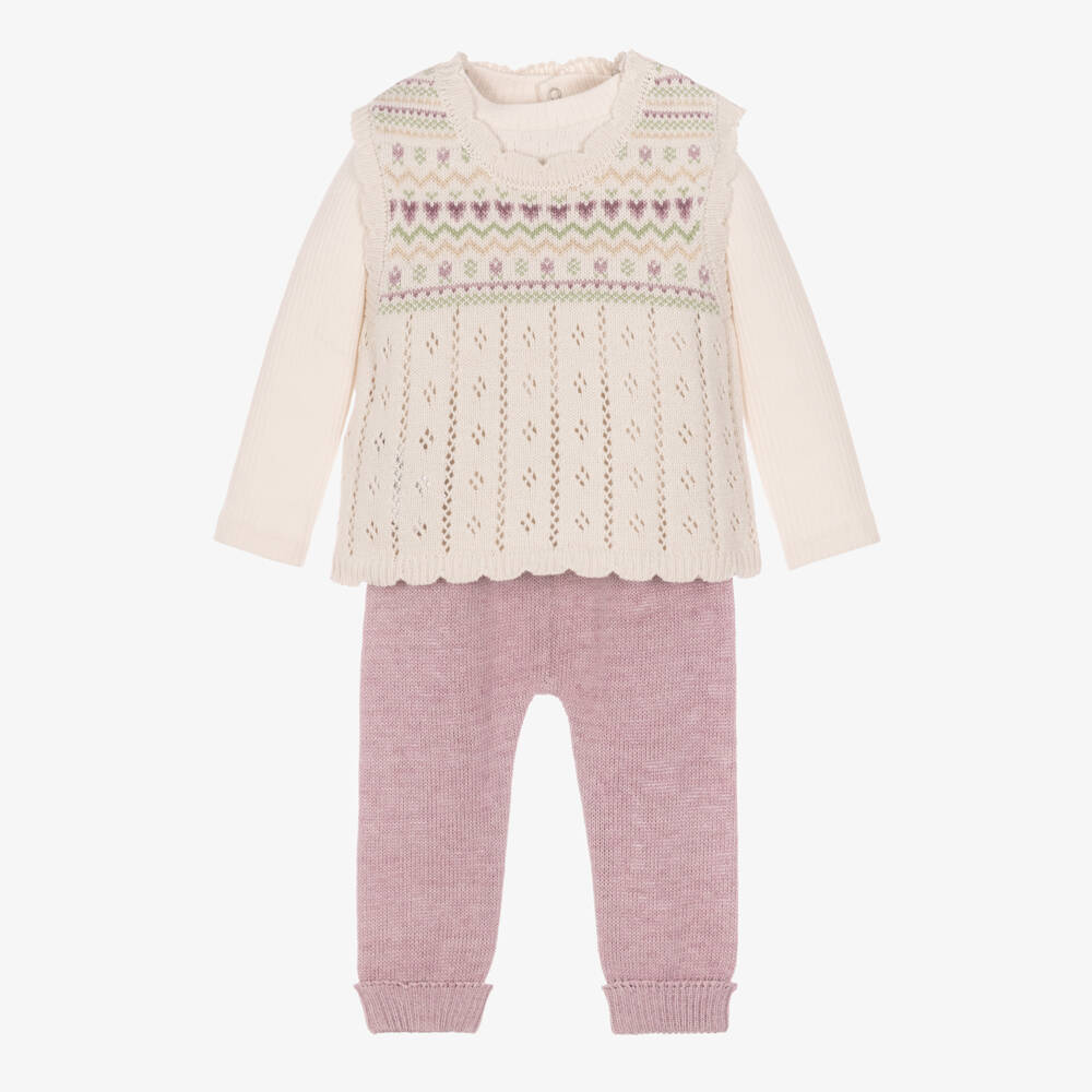 Mayoral Newborn-Baby Girls Ivory & Lilac Trouser Set in Cotton Knit | Childrensalon
