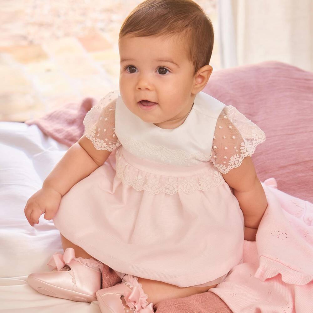 Mayoral Для новорожденных-Baby Girls Ivory & Pink Tulle Trim Dress | Childrensalon