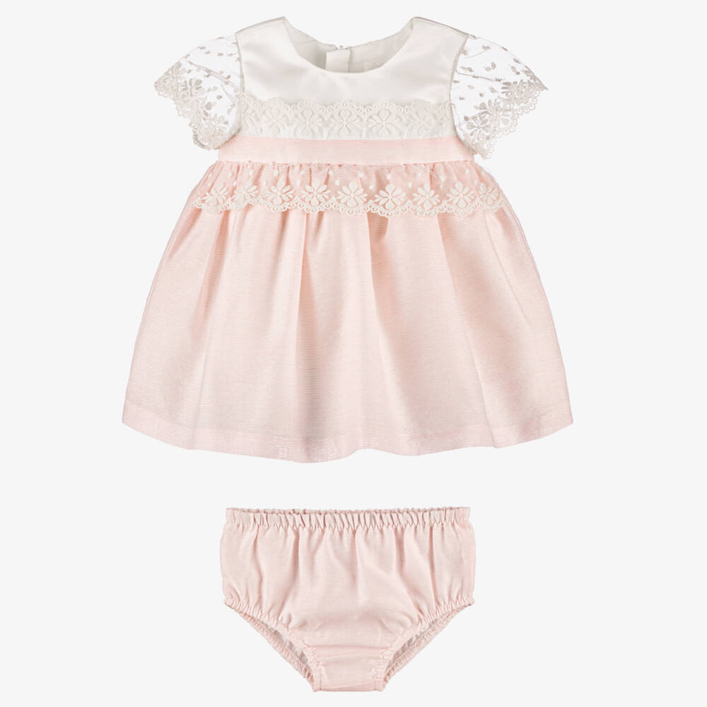 Mayoral Newborn-Baby Girls Ivory & Pink Tulle Trim Dress | Childrensalon