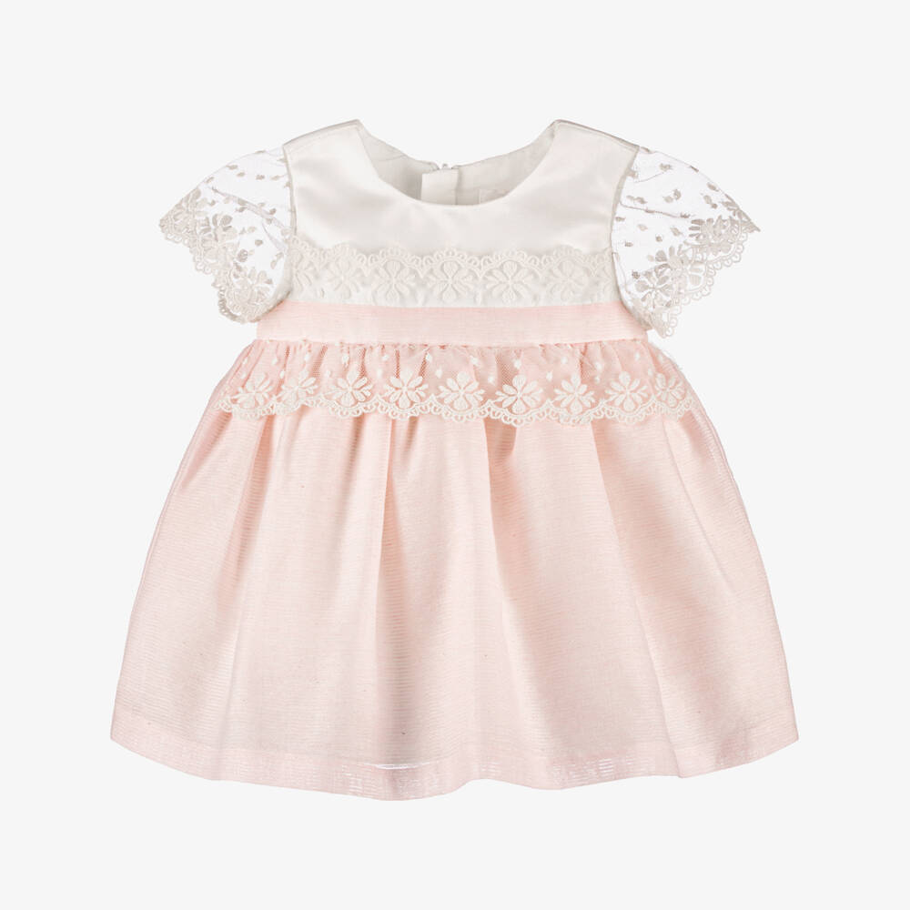 Mayoral Newborn-Baby Girls Ivory & Pink Tulle Trim Dress | Childrensalon