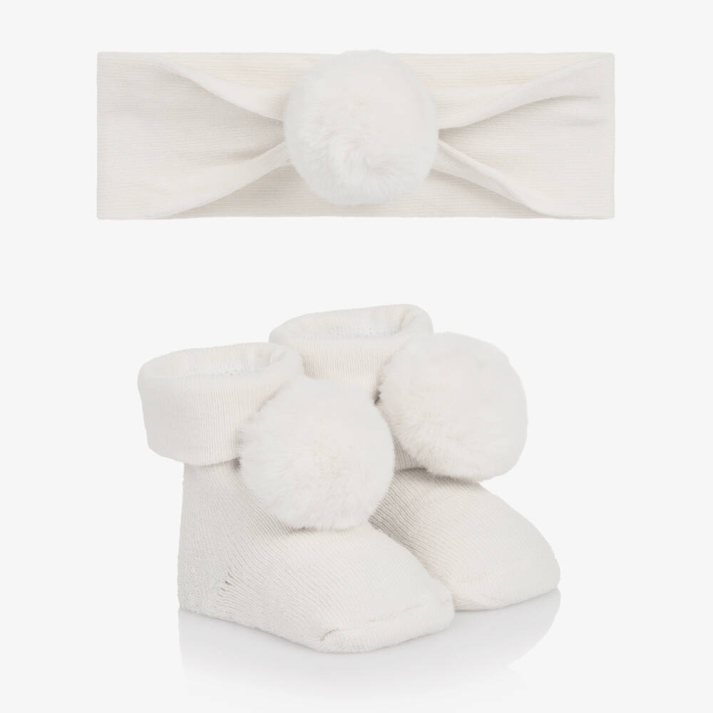 Mayoral Newborn-Baby Girls Ivory Pom Pom Headband & Booties Set | Childrensalon