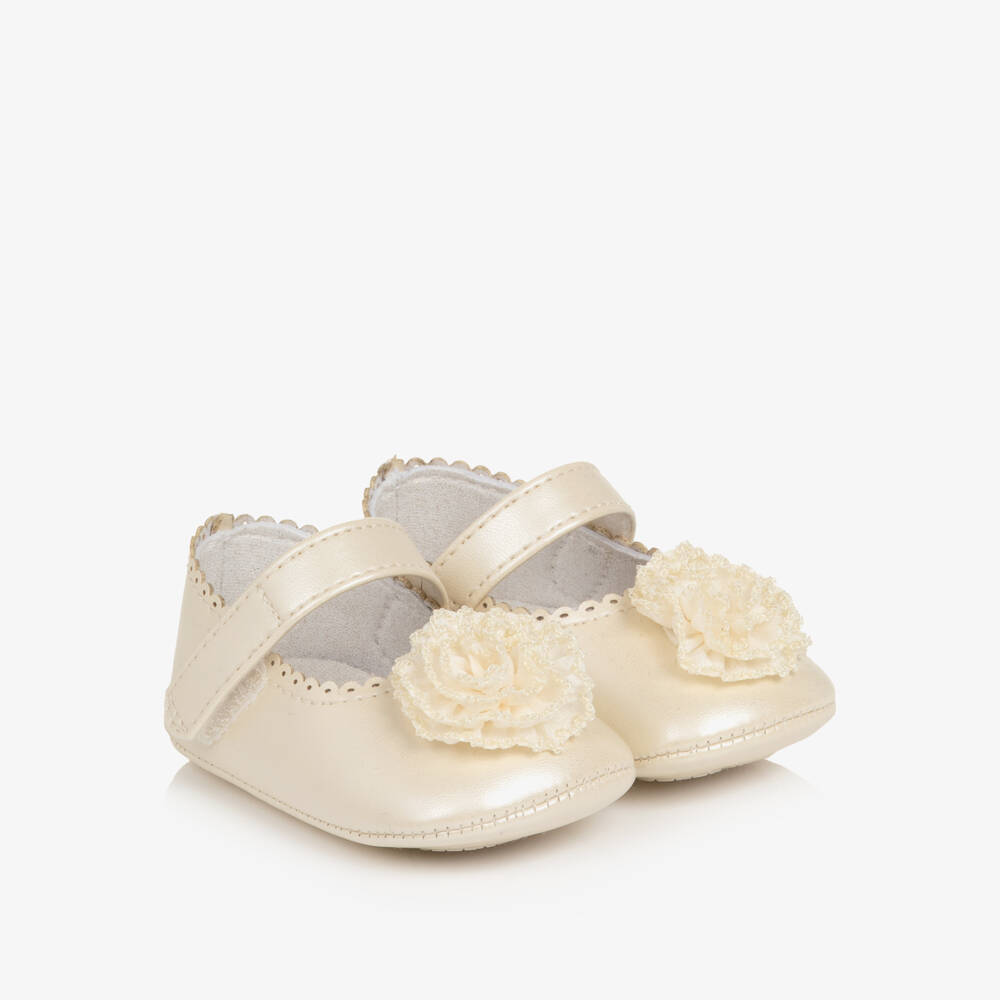 Mayoral Newborn-Baby Girls Ivory Pre-Walker Shoes with Flower | Childrensalon