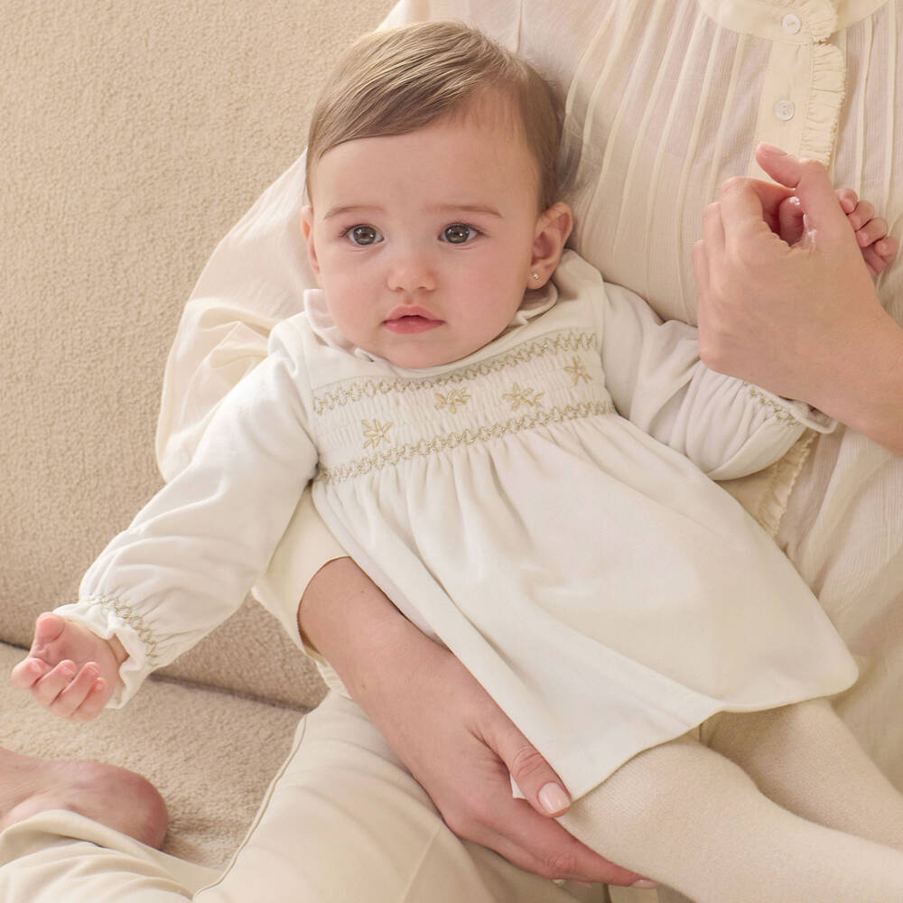 Mayoral Newborn-Baby Girls Ivory Velvet Dress with Gold Embroidery | Childrensalon