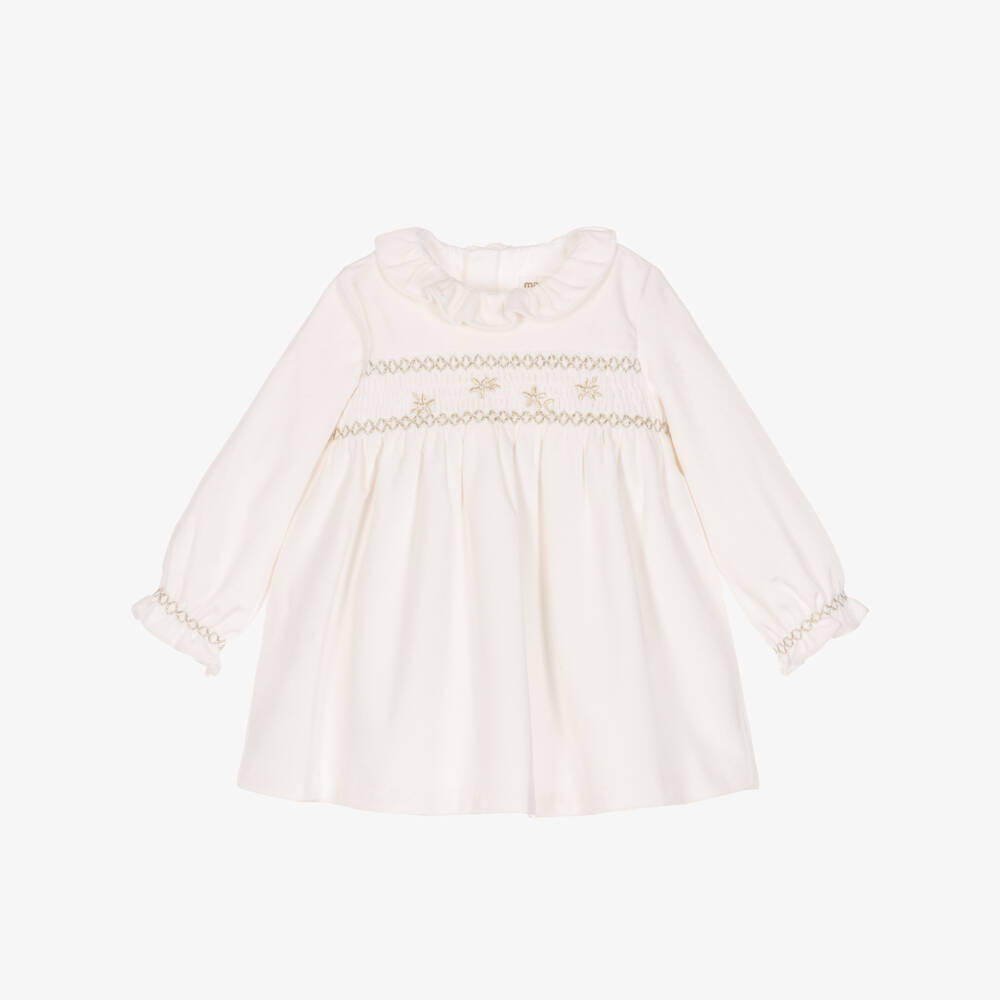 Mayoral Newborn-Baby Girls Ivory Velvet Dress with Gold Embroidery | Childrensalon