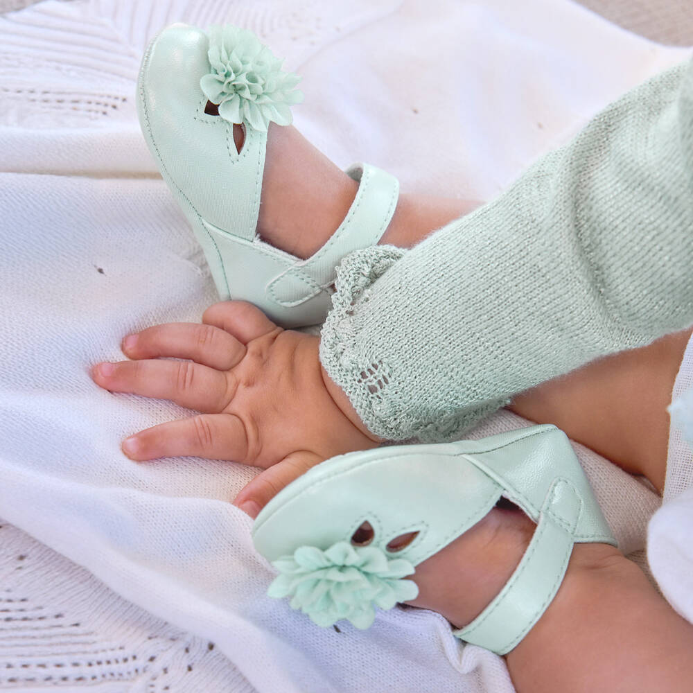 Mayoral Для новорожденных-Baby Girls Mint Green Faux Leather Flower Pre-Walker Shoes | Childrensalon