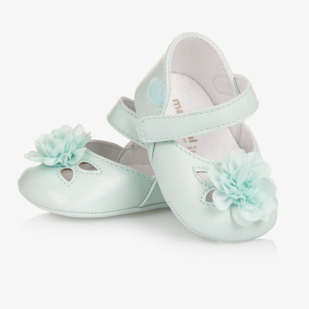 Mayoral Для новорожденных-Baby Girls Mint Green Faux Leather Flower Pre-Walker Shoes | Childrensalon