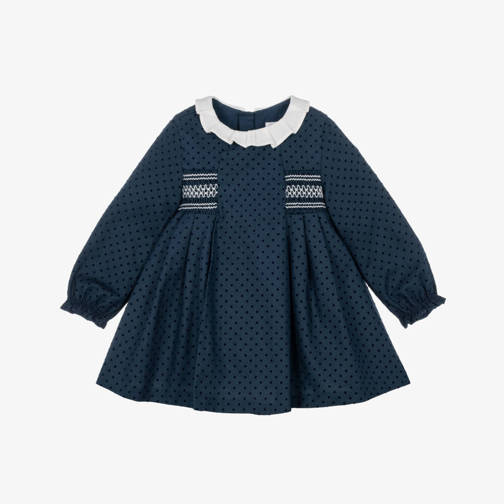 Mayoral Newborn-Baby Girls Navy Blue Polka Dot Dress | Childrensalon