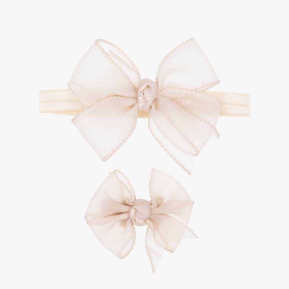 Mayoral Для новорожденных-Baby Girls Pale Beige Bow Headband & Hair Clip Set | Childrensalon