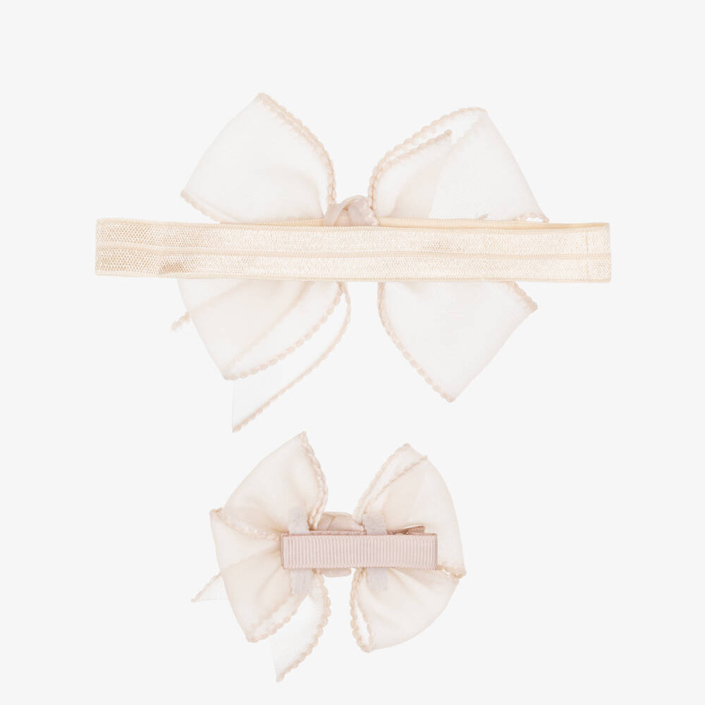Mayoral Newborn-Baby Girls Pale Beige Bow Headband & Hair Clip Set | Childrensalon