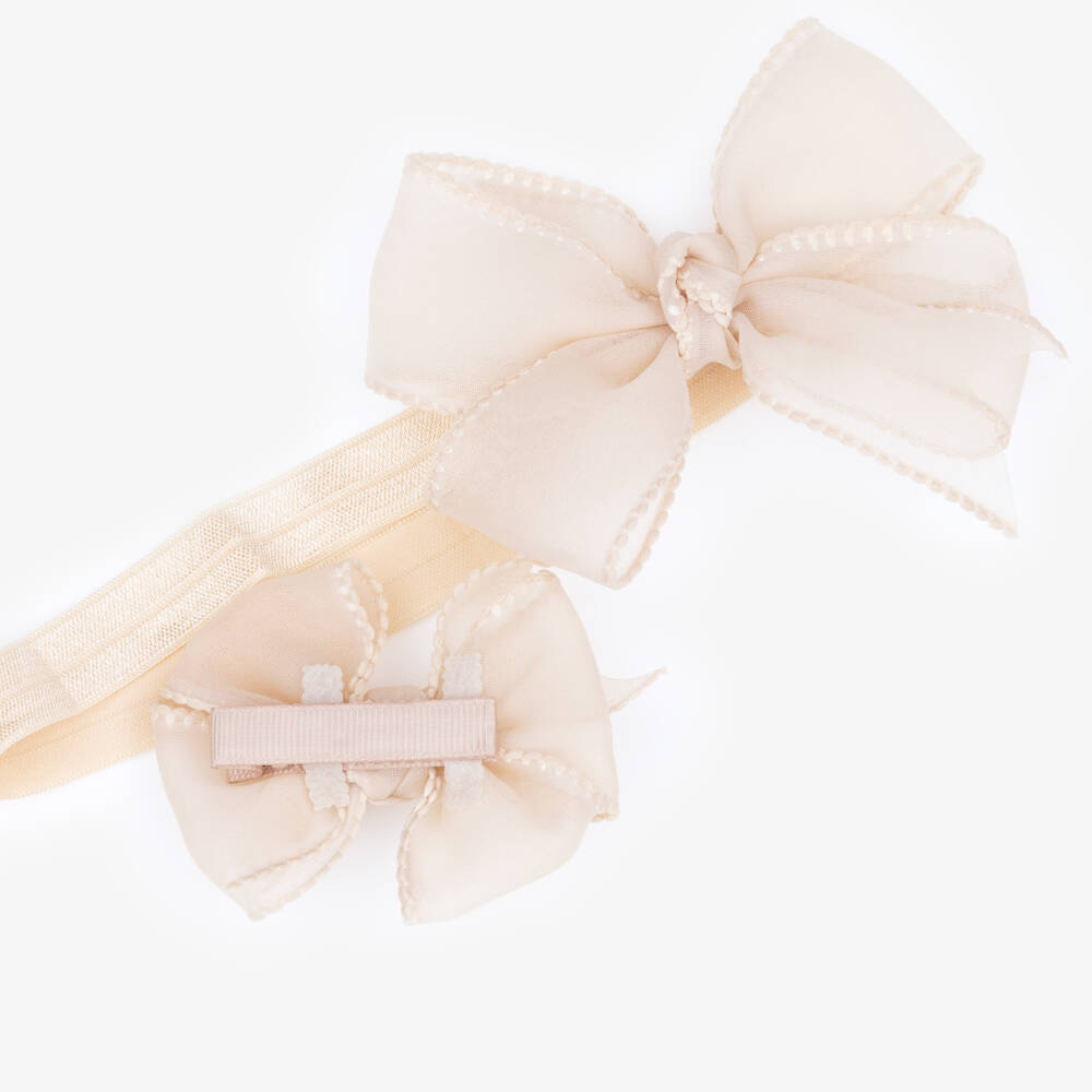 Mayoral Newborn-Baby Girls Pale Beige Bow Headband & Hair Clip Set | Childrensalon